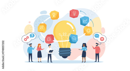 Diverse team members collaborate on innovative ideas and problem-solving, surrounded by a glowing lightbulb and conceptual icons representing business development.