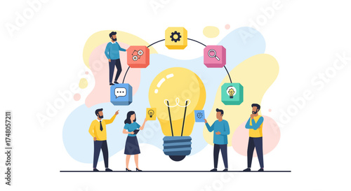 Diverse business professionals collaborate around a glowing lightbulb, symbolizing innovative ideas, teamwork, and strategic development for project success.
