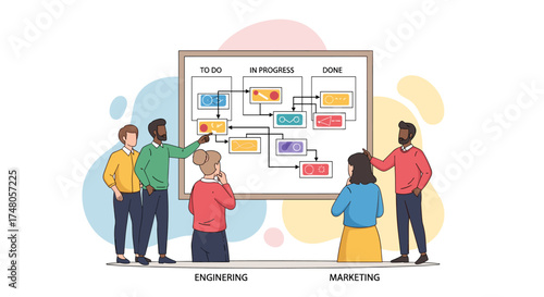 Diverse colleagues engage in strategic project management, brainstorming innovative solutions using an agile workflow chart during a corporate meeting.