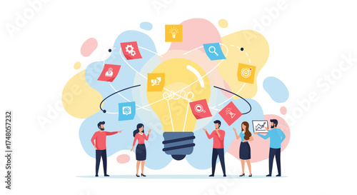 A diverse team collaborates around a glowing light bulb, symbolizing innovative ideas and strategic problem-solving in a modern business environment.