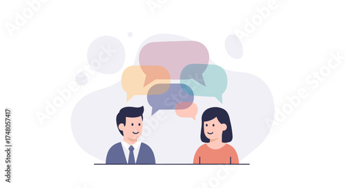 Modern flat vector art shows a man and woman communicating through colorful speech bubbles, representing effective dialogue and social interaction.