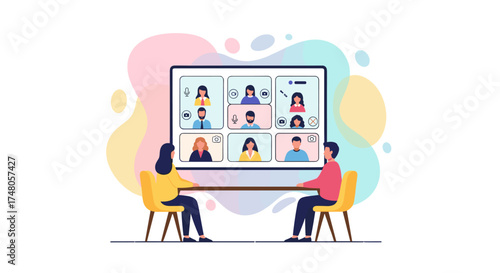 Two colleagues participate in a dynamic virtual video conference meeting, connecting with a diverse team online for remote collaboration and digital communication.