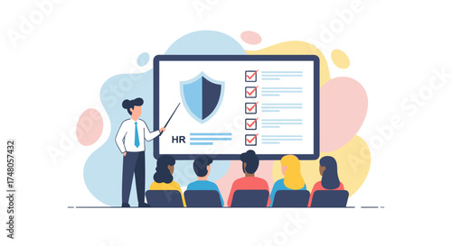 A corporate trainer educates a diverse group of employees about essential human resources policies and data security protocols in a professional environment.
