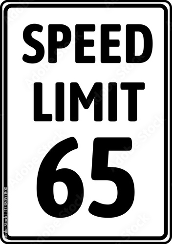 Speed limit 65 mph traffic sign, Speed limit 65 miles per hour road sign