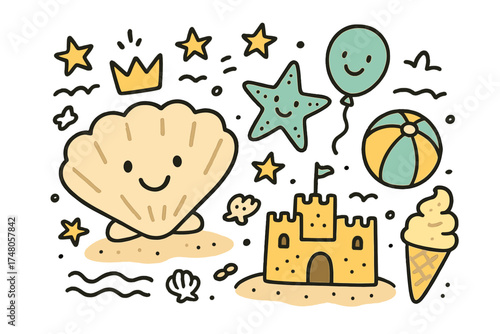 Whimsical Beach Doodle. Summer beach illustration doodle style: hand drawn seashell with smile, crown, star, balloon, sandcastle,