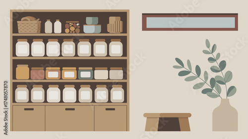 Illustration of a pantry with jars and containers next to a vase and a small wooden table top