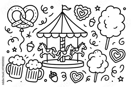 Funfair Doodle Elements. Funfair doodle vector with carousel, pretzel balloon, mugs of beer, candy floss, acorns and gingerbread