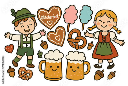 Festive Oktoberfest Fun. Oktoberfest doodle illustration with children in traditional outfits, gingerbread hearts, cotton candy