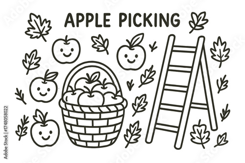 Autumn Apple Harvest. Apple picking doodle vector with basket of apples, ladder, autumn leaves and smiling fruit isolated