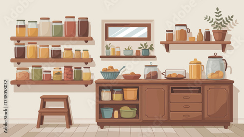 A kitchen scene with shelves full of jars, a cabinet, plants, and a stool in a cartoon style
