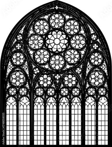 Medieval gothic church glass arch windows. Catholic temple or castle arched stained glasses. Isolated vector black outline silhouette arches. Vintage frames, cathedral interior European architecture