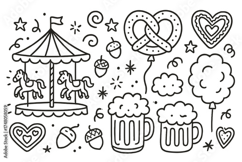 Funfair Doodle Elements. Funfair doodle vector with carousel, pretzel balloon, mugs of beer, candy floss, acorns and gingerbread
