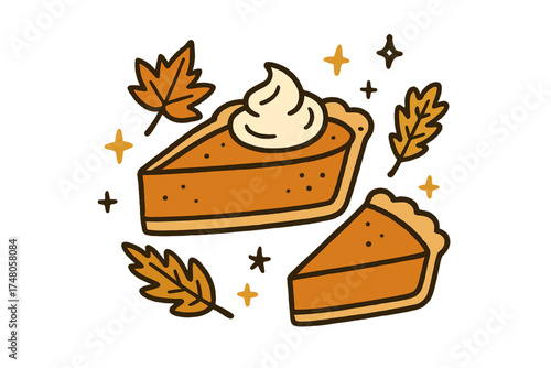 Autumn Pie Delight. Pumpkin pie doodle illustration with whipped cream, slice of pie, autumn leaves and stars isolated transparent