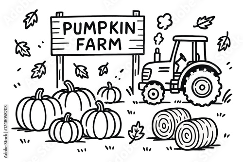 Pumpkin Farm Scene. Pumpkin farm doodle with tractor, pumpkins, hay bales and falling leaves isolated transparent background