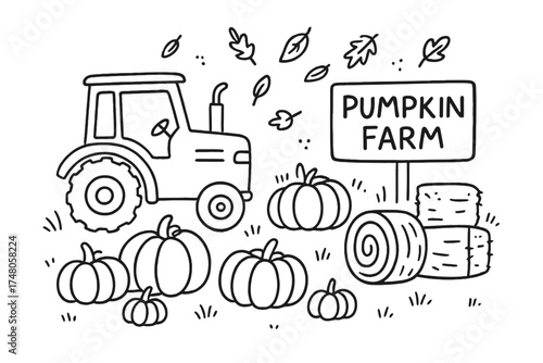 Pumpkin Farm Scene. Pumpkin farm doodle with tractor, pumpkins, hay bales and falling leaves isolated transparent background