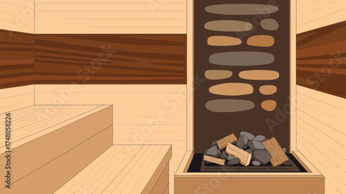 Illustration of a sauna interior with wooden benches and a stove filled with rocks and firewood