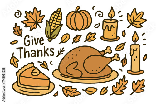 Thanksgiving Feast Sketch. Thanksgiving feast doodle with turkey, corn, pie, candles and autumn leaves isolated transparent