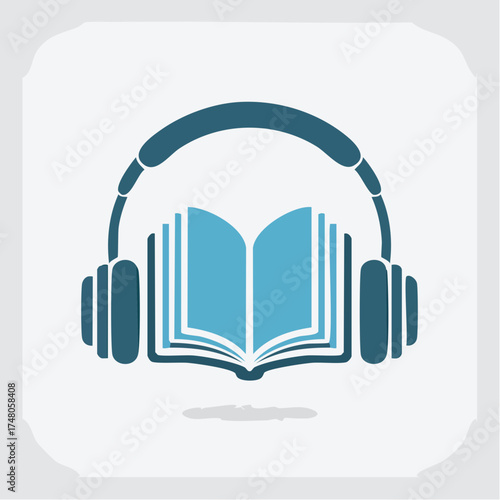 An open book with headphones over it, symbolizing audiobooks or listening to literature.