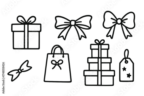 Gift Doodle Icons. Gift doodle icon set: hand drawn icons of wrapped present, ribbon, bow, gift bag, stack of gifts, and