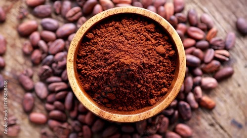 Cocoa powder and beans overhead