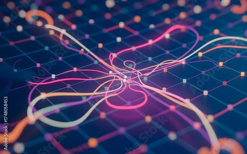 Abstract digital network of colorful lines and nodes, representing interconnected data and technology. The neon-like lines create a visually engaging and futuristic aesthetic.