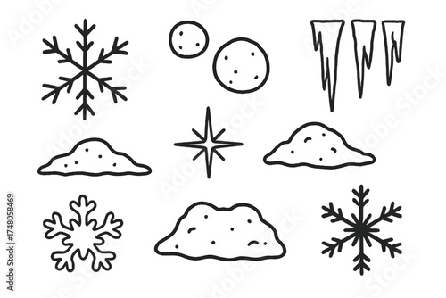 Snow Doodle Icon Set. Snow doodle icon set: hand drawn icons of snowflakes, snowballs, icicles, snow piles, frost stars, and snow