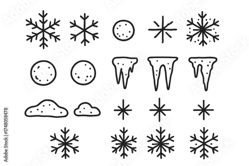 Snow Doodle Icon Set. Snow doodle icon set: hand drawn icons of snowflakes, snowballs, icicles, snow piles, frost stars, and snow