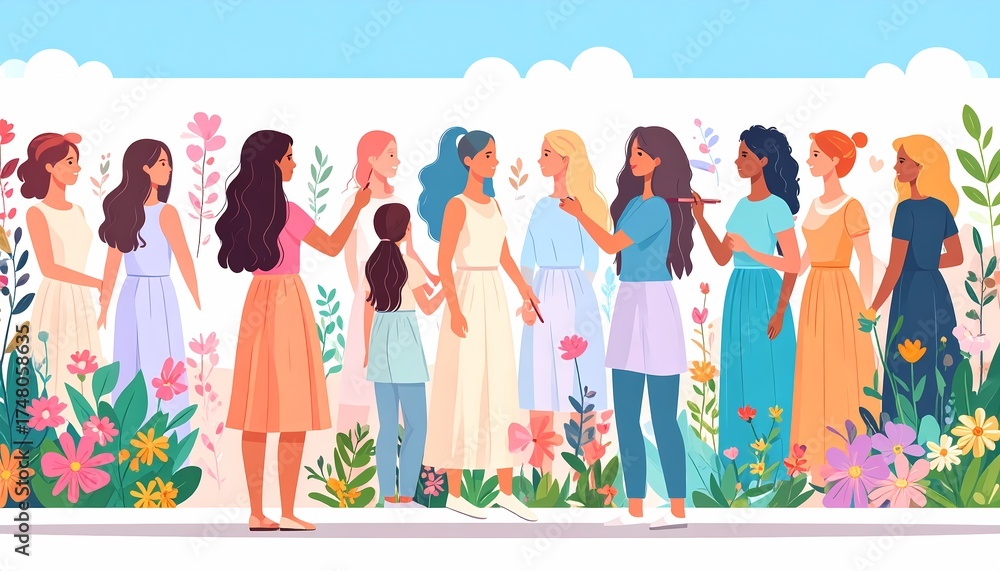 Fototapeta premium Diverse Women Group Gathering Outdoors with Flowers - Multicultural Female Community