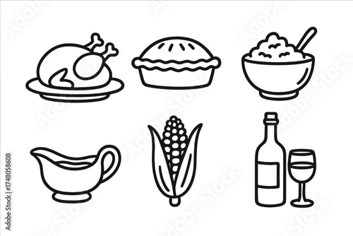 Thanksgiving Feast Icons. Thanksgiving dinner doodle icon set: hand drawn icons of roasted turkey, pie, mashed potatoes, gravy,