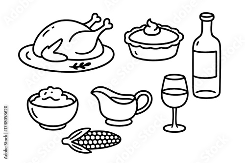 Thanksgiving Feast Icons. Thanksgiving dinner doodle icon set: hand drawn icons of roasted turkey, pie, mashed potatoes, gravy,