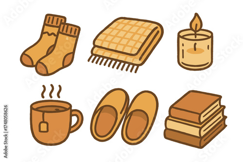 Autumn Cozy Doodles. Autumn cozy doodle icon set: hand drawn icons of socks, blanket, candle, hot tea, slippers, and books.
