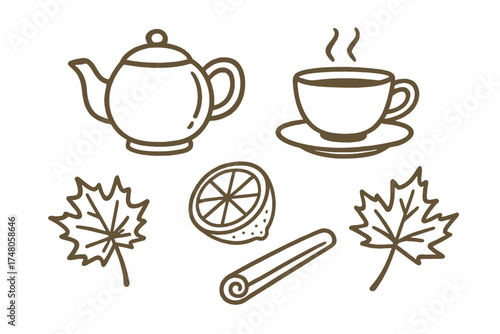 Autumn Tea Doodle Set. Autumn tea doodle icon set: hand drawn icons of teapot, teacup, lemon slice, cinnamon, and maple leaves.