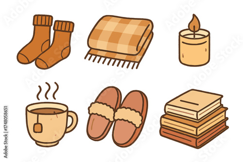 Autumn Cozy Doodles. Autumn cozy doodle icon set: hand drawn icons of socks, blanket, candle, hot tea, slippers, and books.