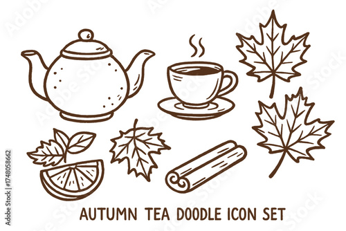 Autumn Tea Doodle Set. Autumn tea doodle icon set: hand drawn icons of teapot, teacup, lemon slice, cinnamon, and maple leaves.