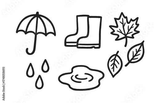 Rainy Day Doodles. Autumn rainy day doodle icon set: hand drawn icons of umbrella, rain boots, puddles, raindrops, and leaves.