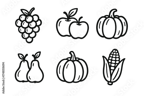 Harvest Basket Doodles. Harvest basket doodle icon set: hand drawn icons of grapes, apples, pumpkins, pears, and corn. isolated
