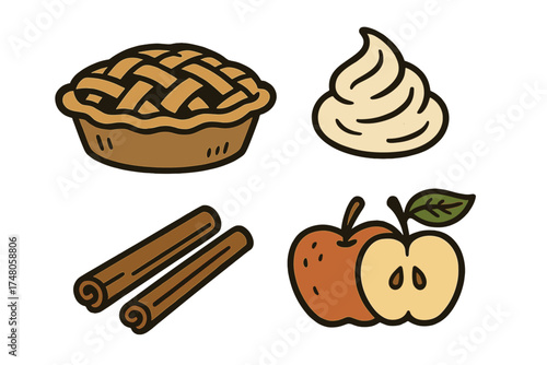 Autumn Pie Icons. Autumn apple pie doodle icon set: hand drawn icons of pie, whipped cream, cinnamon, and apples. isolated
