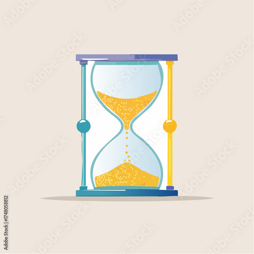 An illustration of a classic hourglass with yellow sand flowing from the top bulb to the bottom bulb.
