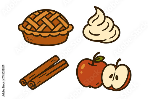 Autumn Pie Icons. Autumn apple pie doodle icon set: hand drawn icons of pie, whipped cream, cinnamon, and apples. isolated