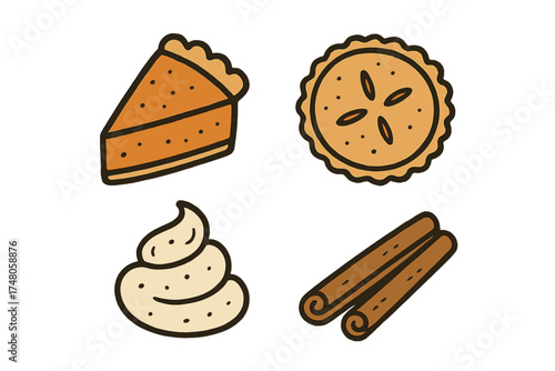 Fall Pie Icons. Fall pie doodle icon set: hand drawn icons of pumpkin pie, apple pie, whipped cream, and cinnamon. isolated