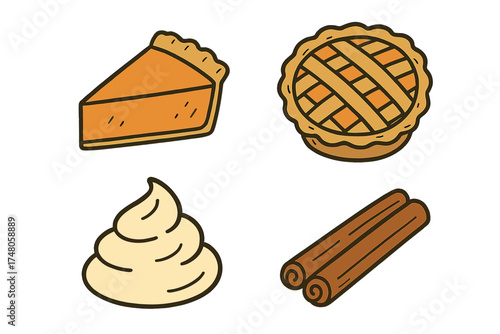 Fall Pie Icons. Fall pie doodle icon set: hand drawn icons of pumpkin pie, apple pie, whipped cream, and cinnamon. isolated