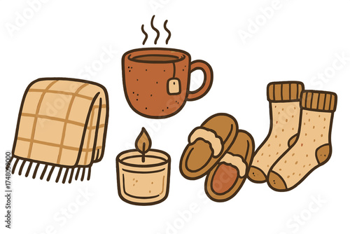 Cozy Fall Icons. Fall cozy doodle icon set: hand drawn icons of blanket, tea, candle, slippers, and socks. isolated transparent