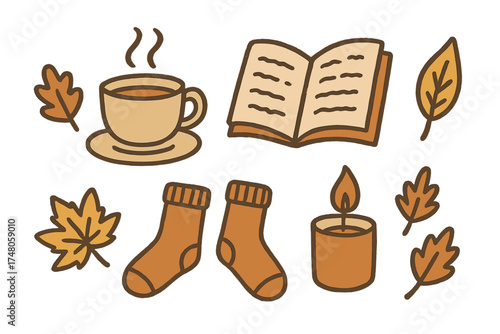Wallpaper Mural Cozy Autumn Icons. Autumn vibes doodle icon set: hand drawn icons of tea, book, socks, candle, and leaves. isolated transparent Torontodigital.ca