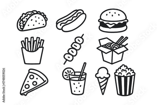 Street Food Doodle Icons. Street food doodle icon set: hand drawn icons of taco, hot dog, burger, fries, kebab, noodle box, pizza