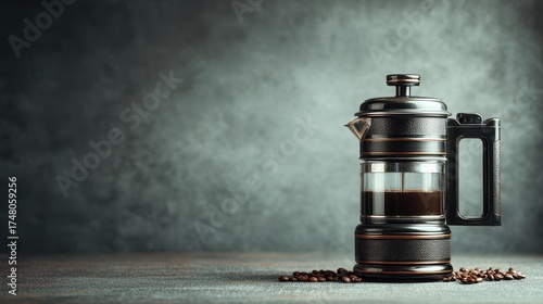 A detailed shot of a decorative French press coffee maker, filled with rich dark coffee, resting on a textured surface surrounded by roasted coffee beans. The background is a dark, moody texture.