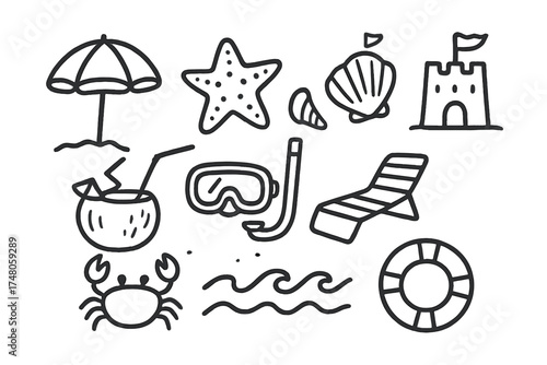 Beach Doodle Icons. Beach doodle icon set: hand drawn icons of umbrella, starfish, seashell, sandcastle, coconut drink, snorkel,