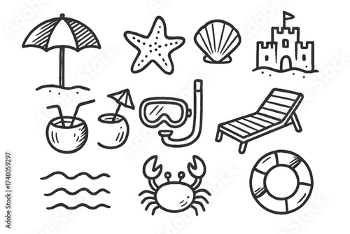Beach Doodle Icons. Beach doodle icon set: hand drawn icons of umbrella, starfish, seashell, sandcastle, coconut drink, snorkel,