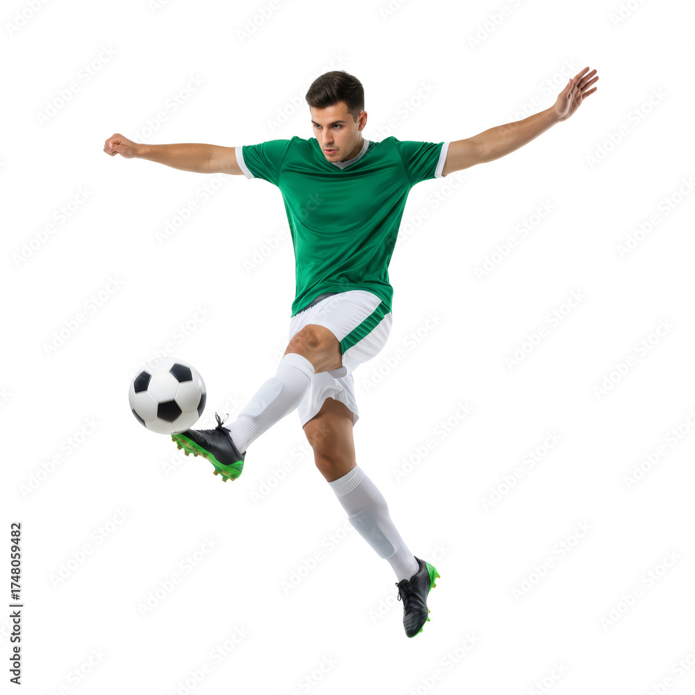 Fototapeta premium Dynamic soccer athlete executing a skillful kick on an isolated transparent field of play