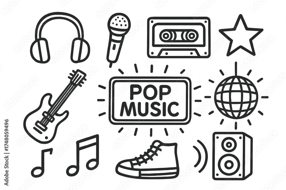 Fototapeta premium Pop Music Icons. Pop music doodle icon set: hand drawn icons of headphones, microphone, cassette, guitar, star, speaker, neon sign