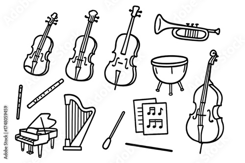 Orchestra Icon Collection. Orchestra doodle icon set: hand drawn icons of violin, cello, trumpet, flute, harp, timpani, conductor